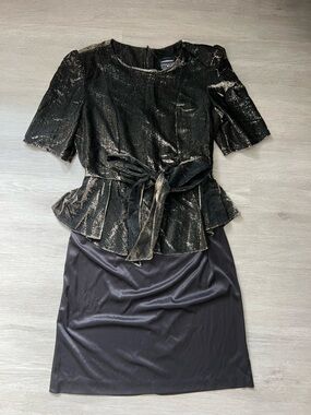 1980s Gold Metallic & Black Dress with Peplum vintage made in USA med - large